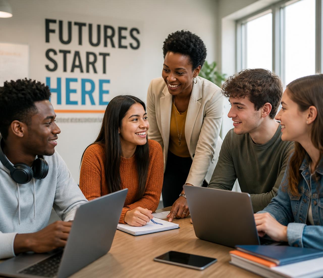 A diverse group of young people collaborating with a mentor in a career-readiness training program